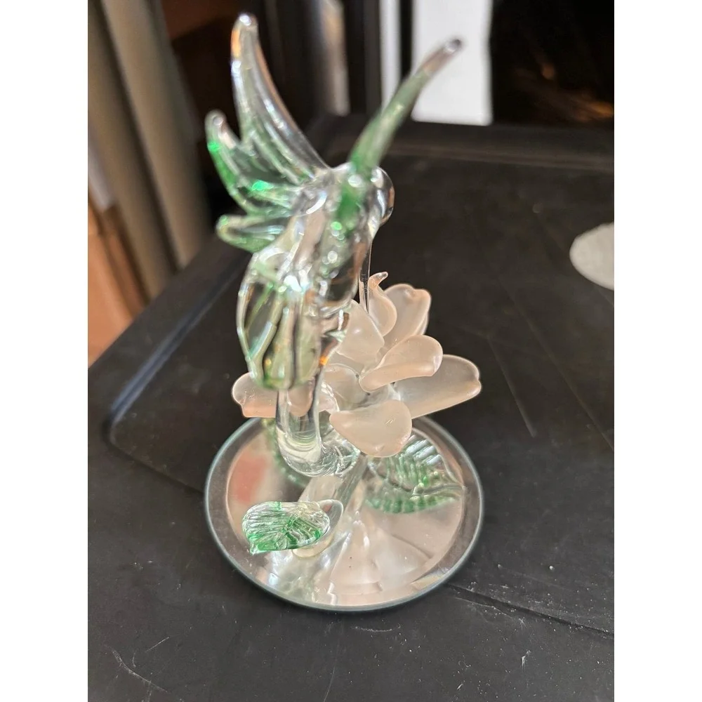 Glass Hummingbird Figurine w/ Flower Frosted Clear Mirror Base Art Glass Vintage